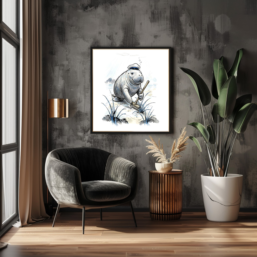 Poster: Manatee Gardening Coastal Meadow in Gentle Ink Illustration - Imagen 3