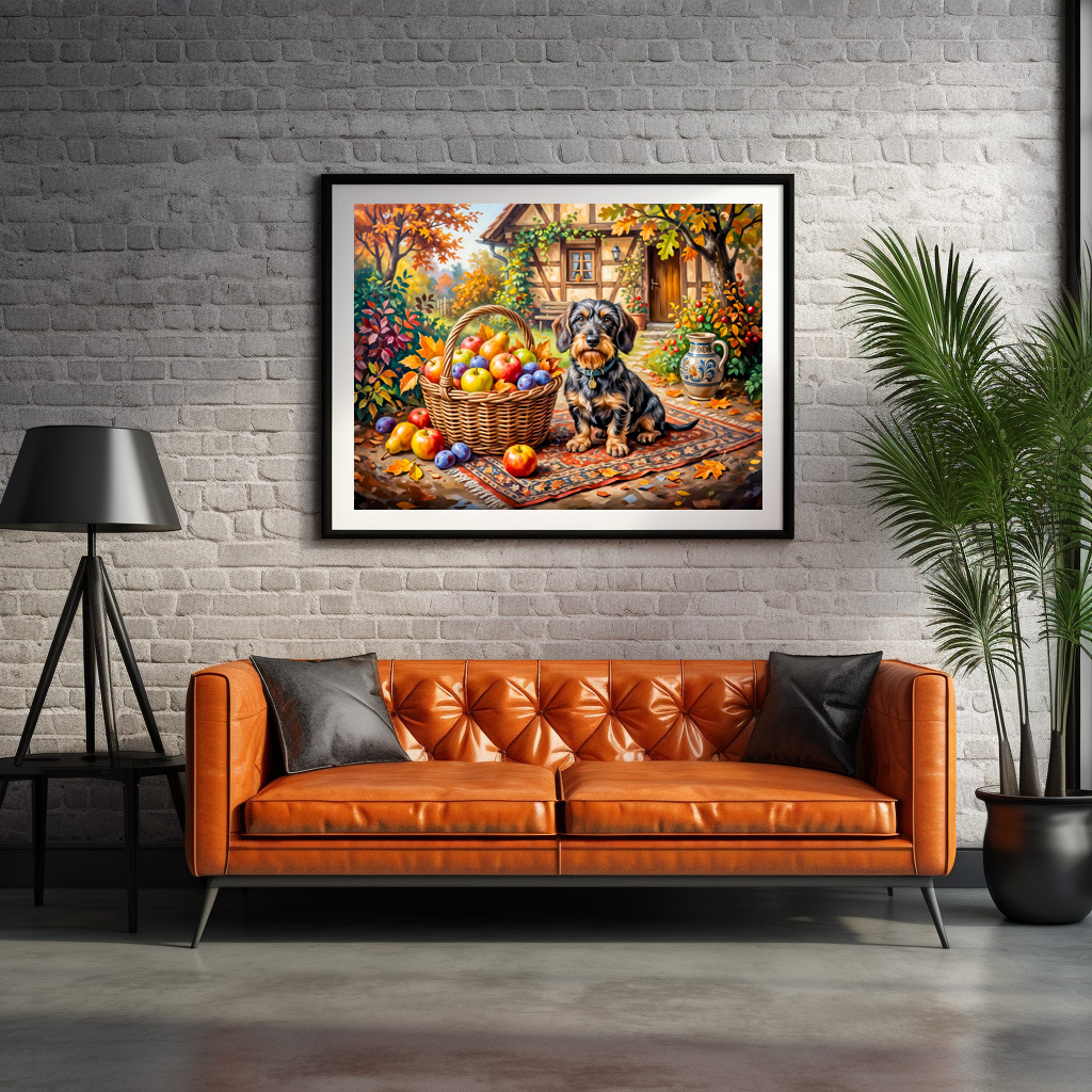 Poster: Dachshund Sitting Beside Fruit Basket Autumn Farmhouse