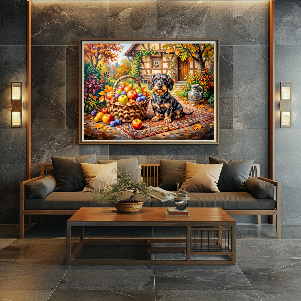 Poster: Dachshund Sitting Beside Fruit Basket Autumn Farmhouse - immagine 2