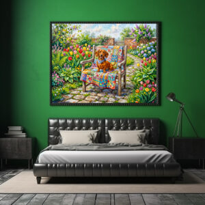Poster: Dachshund Sitting on Patchwork Garden Chair Among Tulips