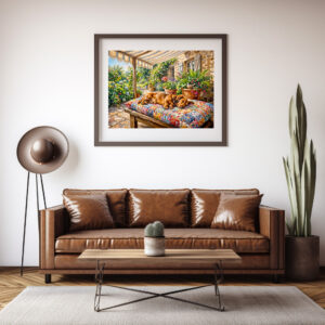 Poster: Dachshund Resting on Patchwork Garden Bench