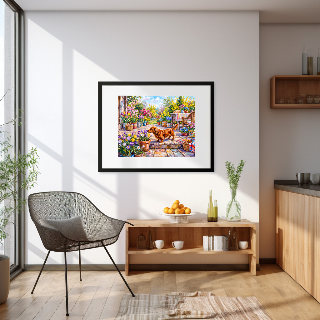 Poster: Dachshund Walking Through Colorful Blooming Spring Garden