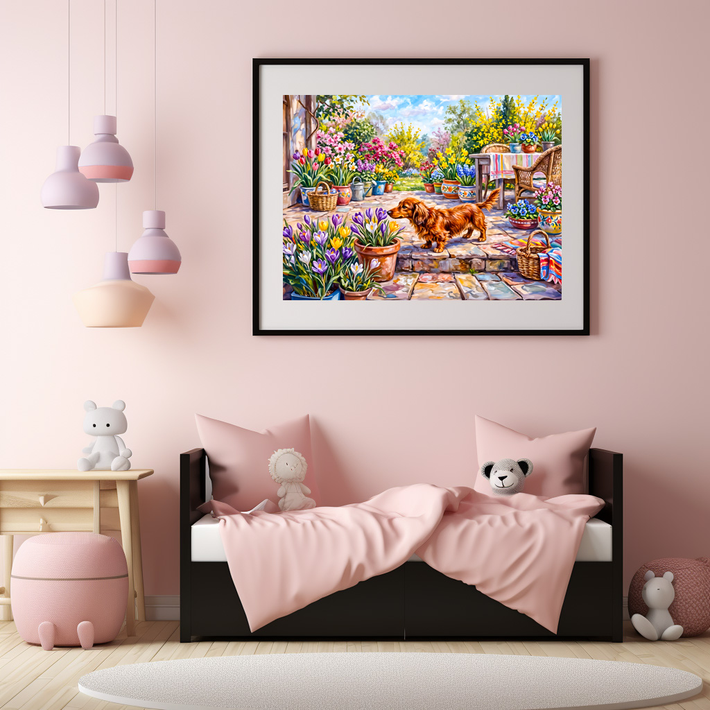 Poster: Dachshund Walking Through Colorful Blooming Spring Garden - immagine 2