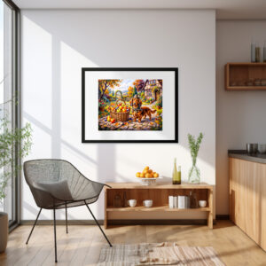 Poster: Dachshund Sitting Beside Apples Pumpkins Autumn Garden