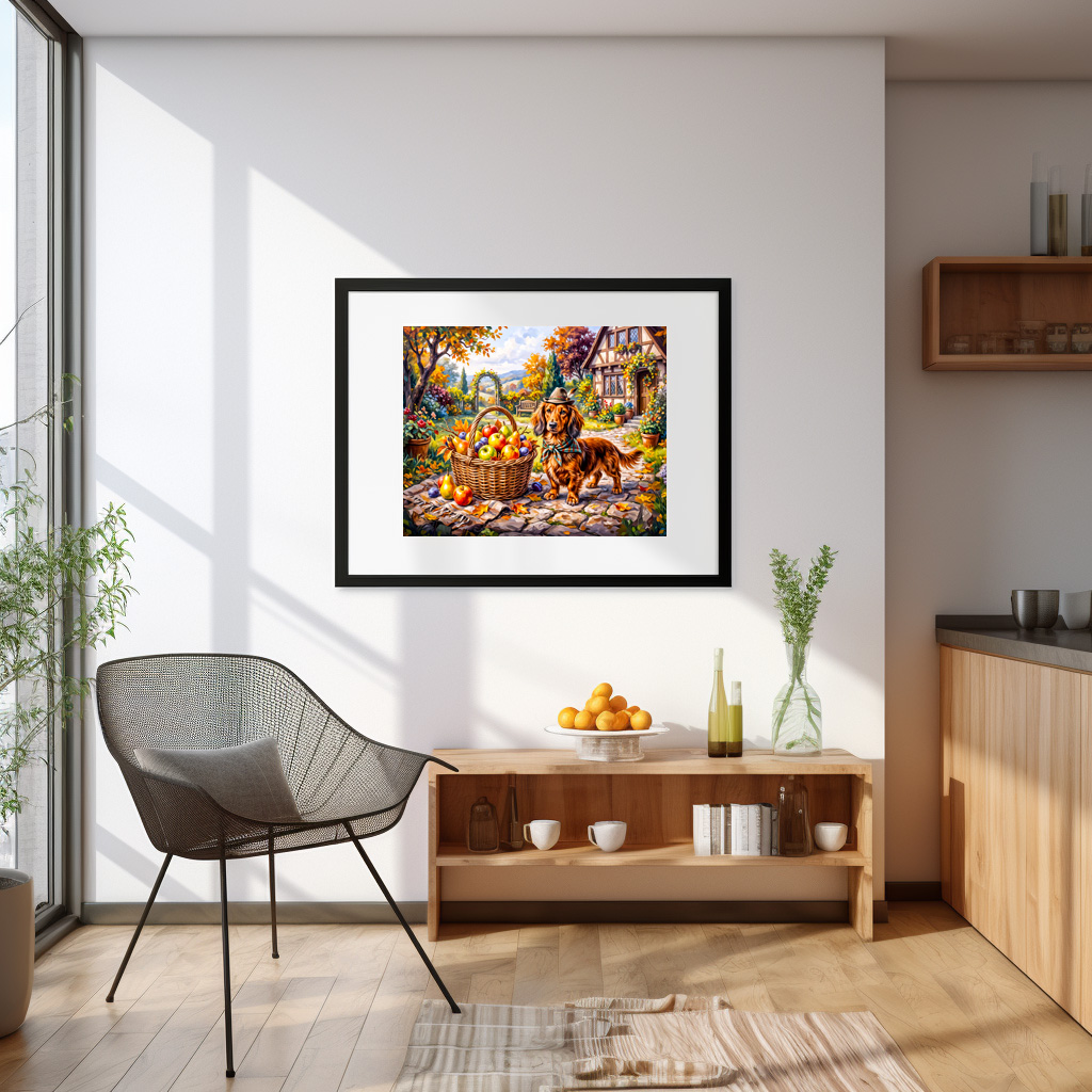 Poster: Dachshund Sitting Beside Apples Pumpkins Autumn Garden