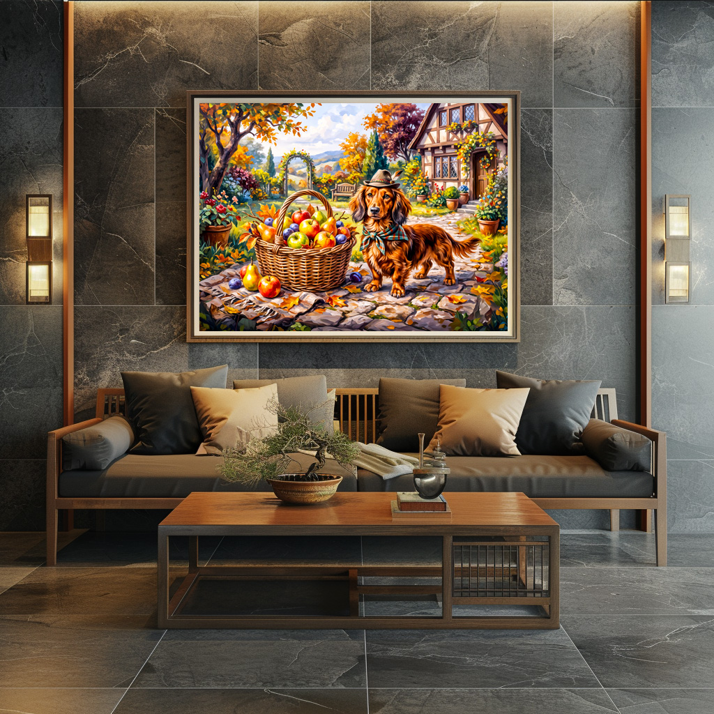 Poster: Dachshund Sitting Beside Apples Pumpkins Autumn Garden - Imagen 2