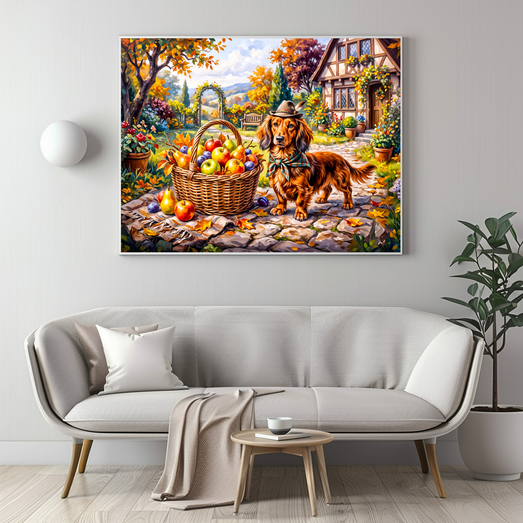 Poster: Dachshund Sitting Beside Apples Pumpkins Autumn Garden - Imagen 3