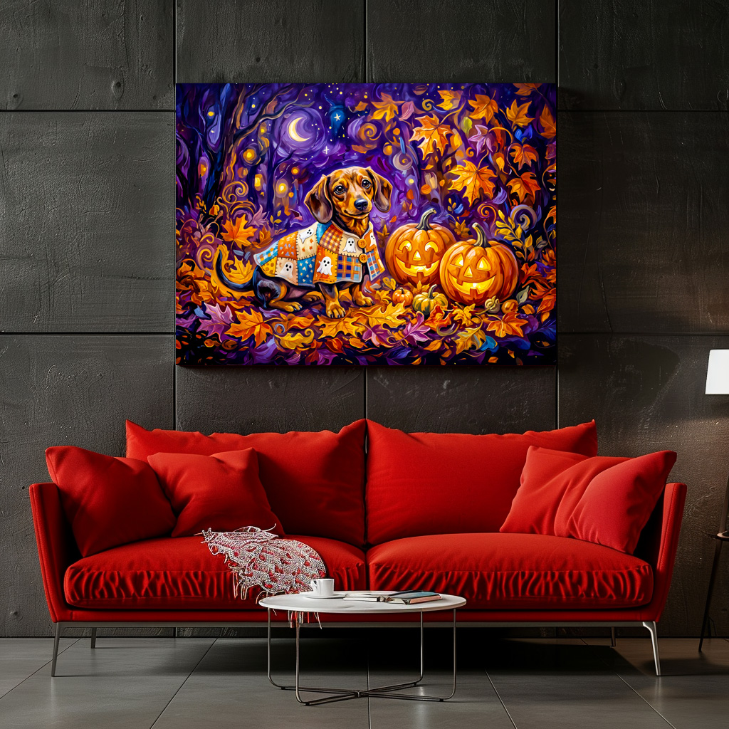 Poster: Dachshund Sitting Among Pumpkins Under Autumn Night Sky