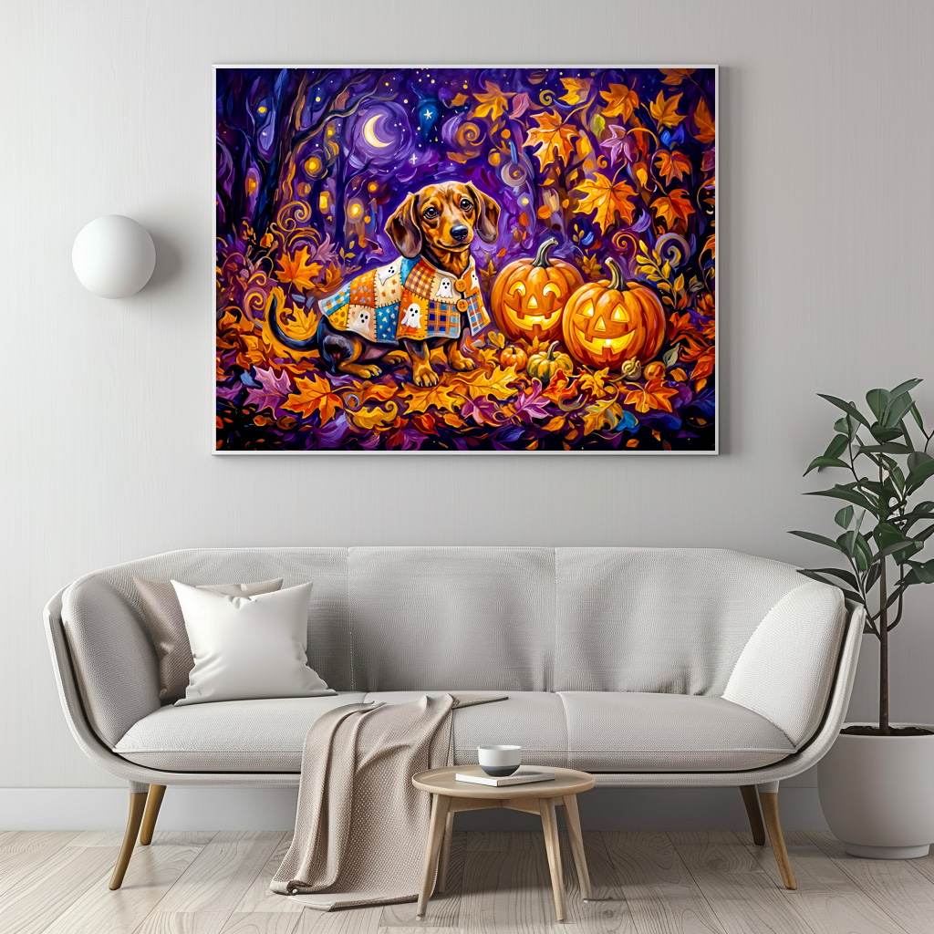 Poster: Dachshund Sitting Among Pumpkins Under Autumn Night Sky – Bild 2
