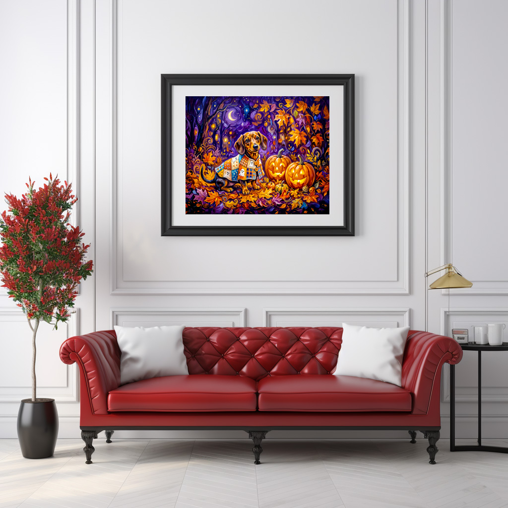 Poster: Dachshund Sitting Among Pumpkins Under Autumn Night Sky – Bild 3
