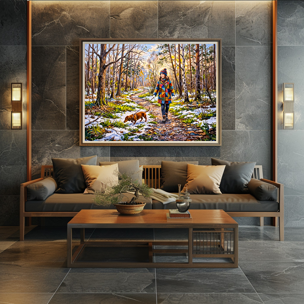 Poster: Dachshund Walking Along Sunlit Snowy Forest Path - immagine 2