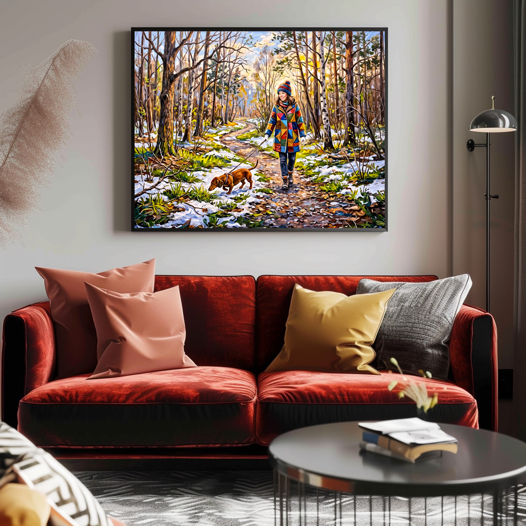 Poster: Dachshund Walking Along Sunlit Snowy Forest Path - immagine 3