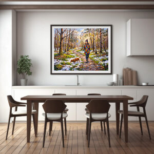 Poster: Dachshund Walking Along Sunlit Snowy Forest Path