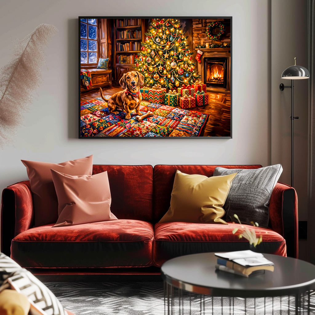 Poster: Dachshund Resting Beside Cozy Christmas Tree Fireplace