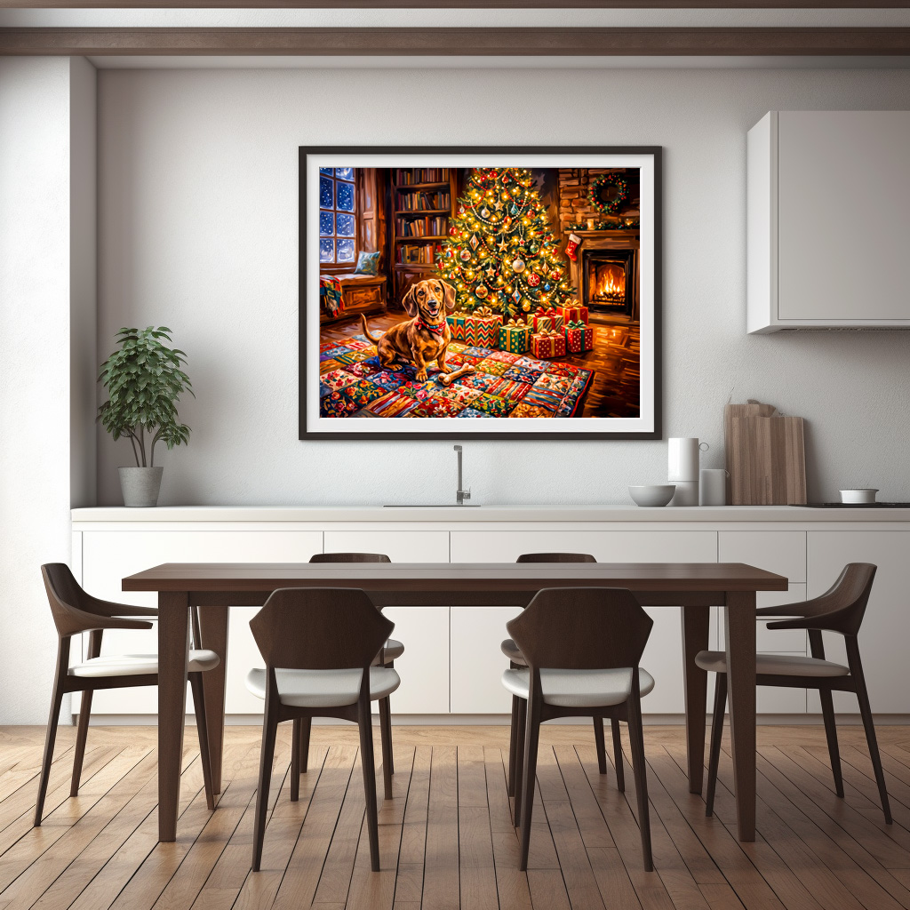 Poster: Dachshund Resting Beside Cozy Christmas Tree Fireplace – Image 2