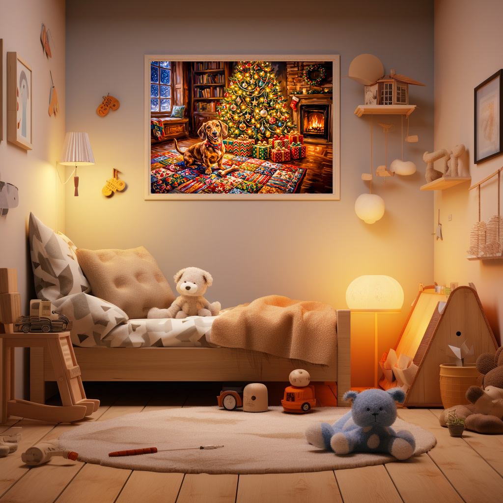 Poster: Dachshund Resting Beside Cozy Christmas Tree Fireplace – Image 3
