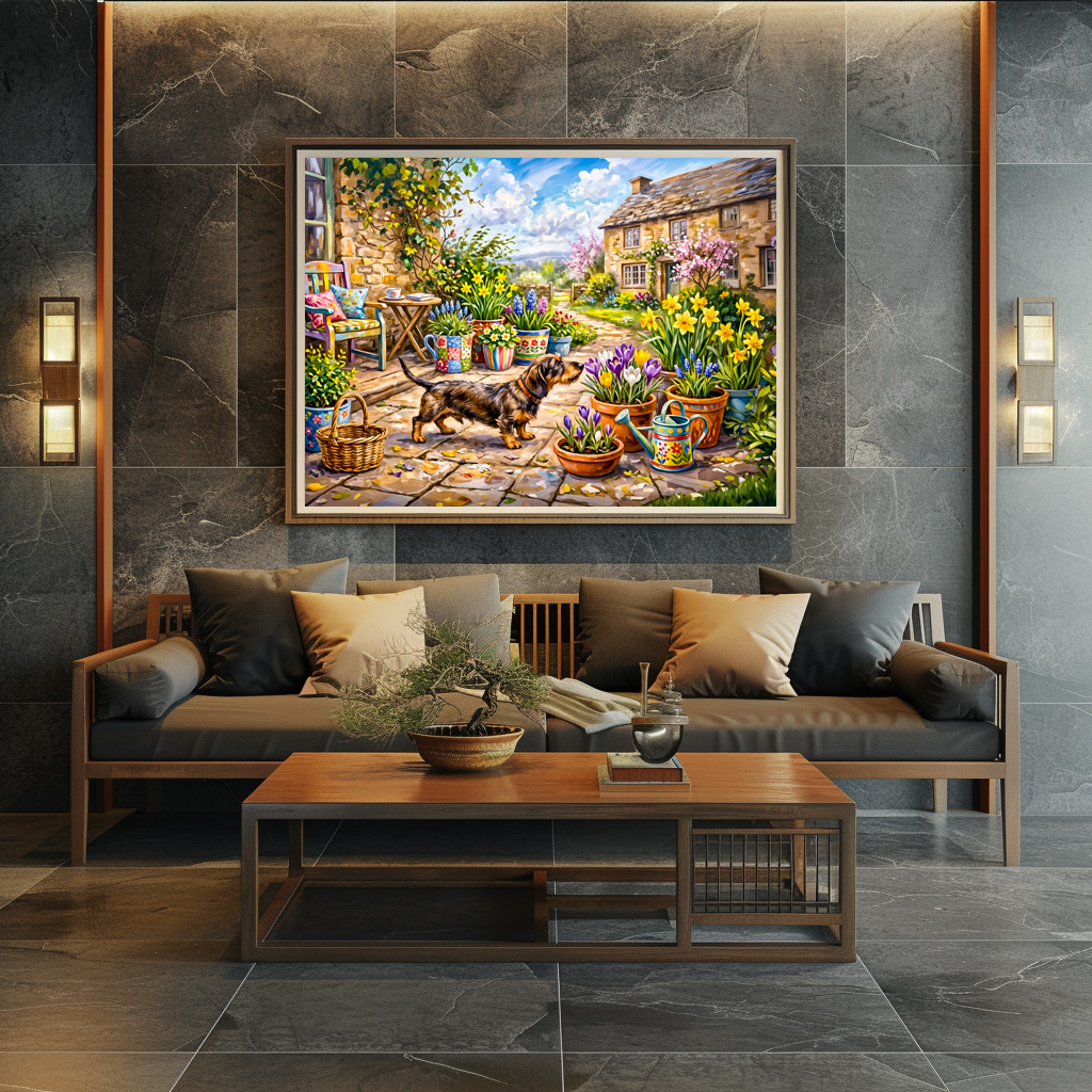 Poster: Dachshund Walking Through Colorful Flower Patio Garden – Bild 3