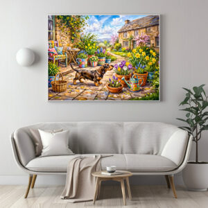 Poster: Dachshund Walking Through Colorful Flower Patio Garden