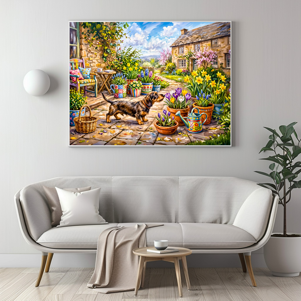 Poster: Dachshund Walking Through Colorful Flower Patio Garden