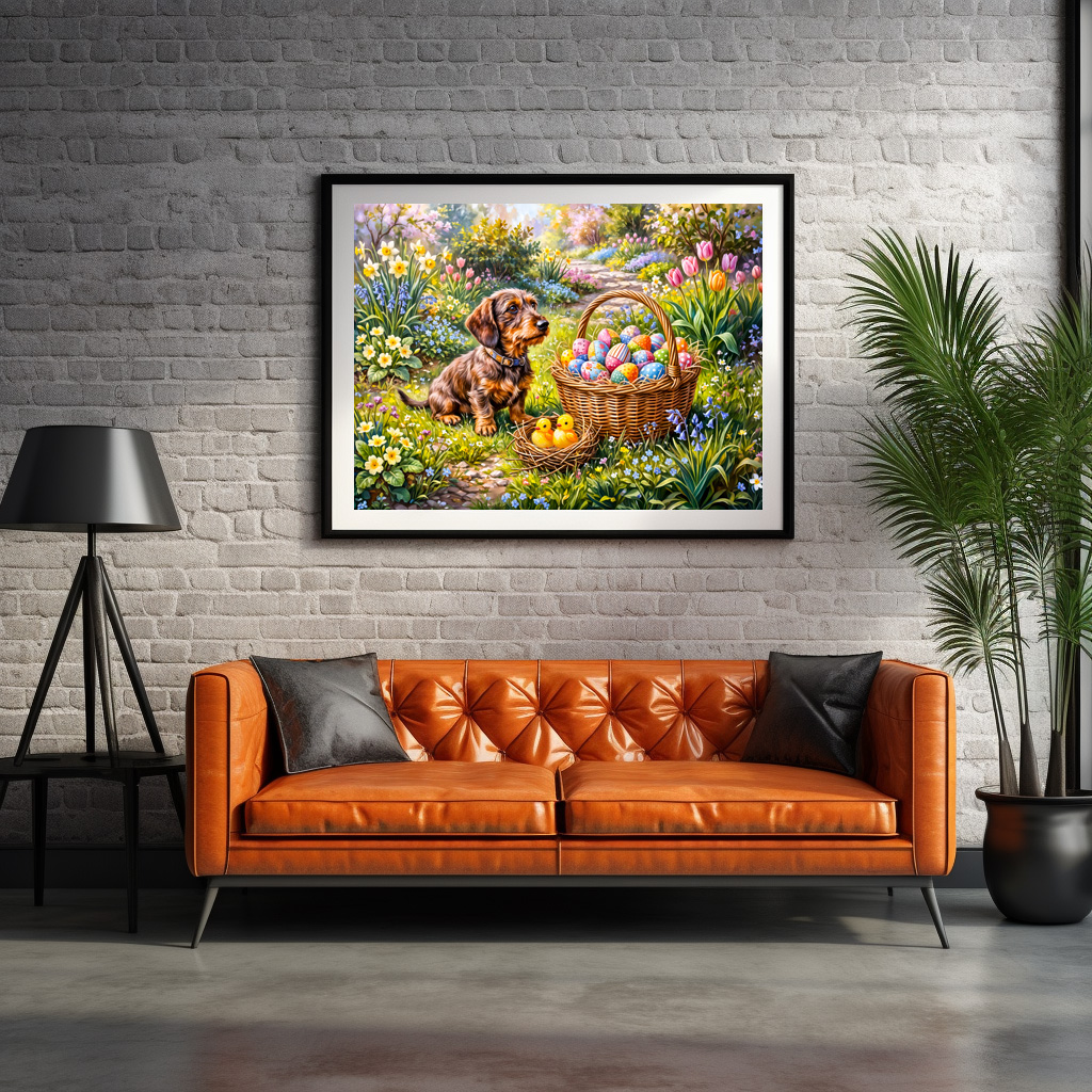 Poster: Dachshund Sitting with Easter Basket in Garden
