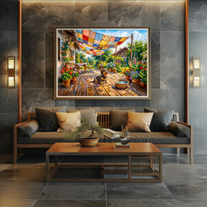 Poster: Dachshund Sitting Under Colorful Patchwork Garden Canopy