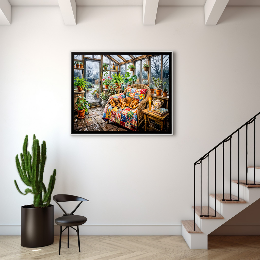 Poster: Dachshund Resting on Patchwork Chair Inside Greenhouse - immagine 2