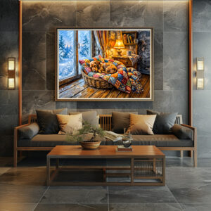 Poster: Dachshund Resting in Cozy Winter Window Basket