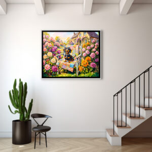 Poster: Dachshund Sitting on Floral Garden Bench Scene