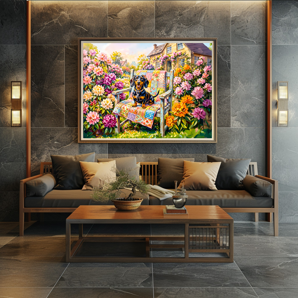 Poster: Dachshund Sitting on Floral Garden Bench Scene – Image 2