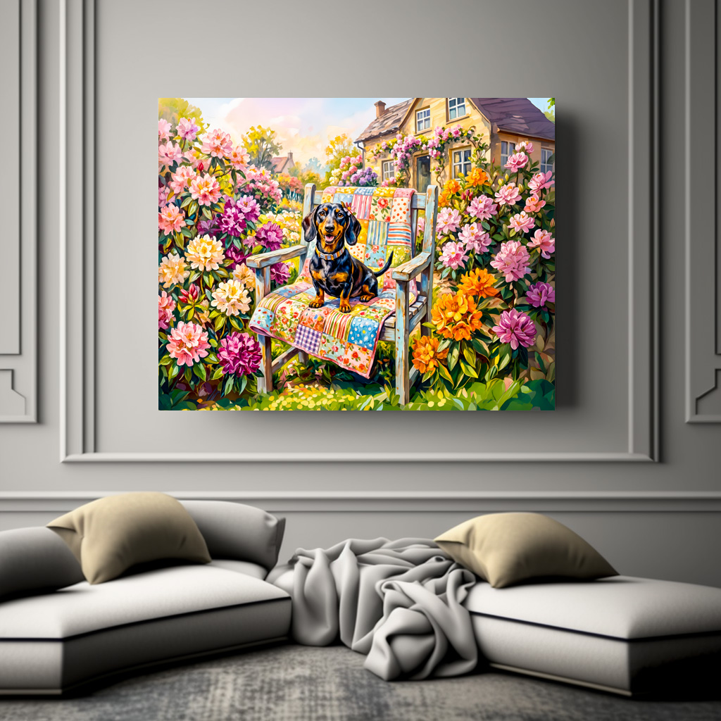 Poster: Dachshund Sitting on Floral Garden Bench Scene – Image 3