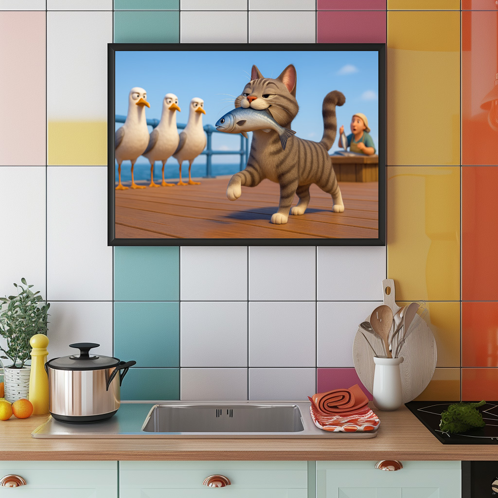 Poster: Erfolgreich gegen die Möwen durchgesetzt - Katze mit Fisch – Image 2