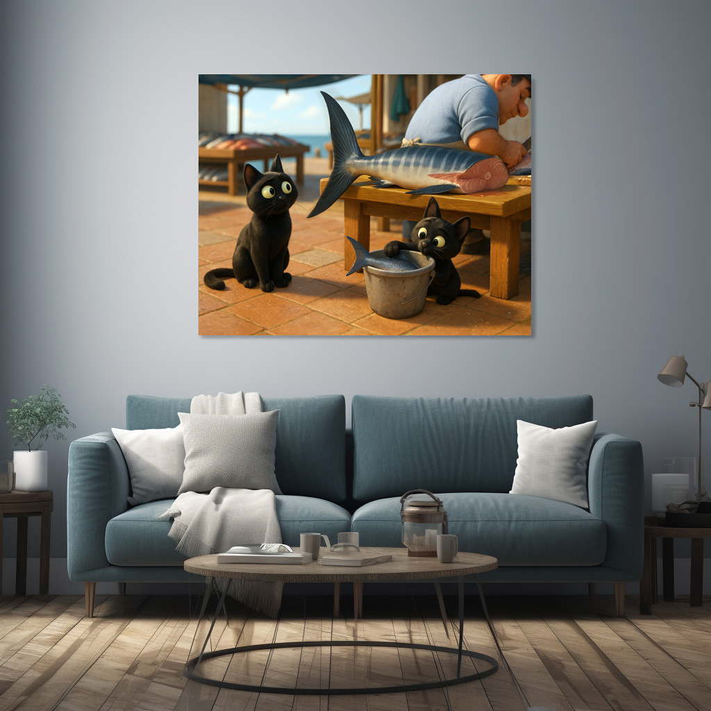 Poster: DAS wäre ein gutes Abendessen. Katze mit Nachwuchs auf dem Fischmarkt - Imagen 2