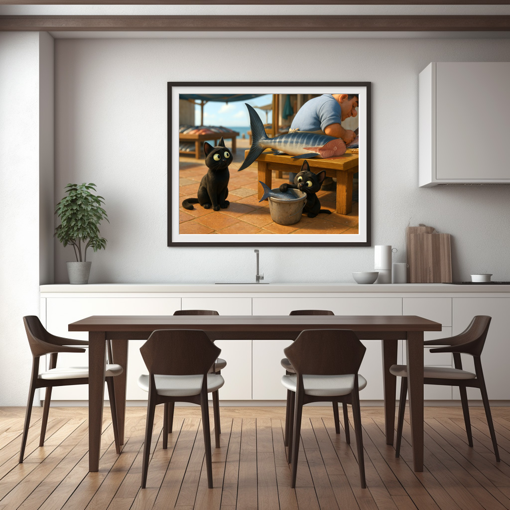 Poster: DAS wäre ein gutes Abendessen. Katze mit Nachwuchs auf dem Fischmarkt - Imagen 3