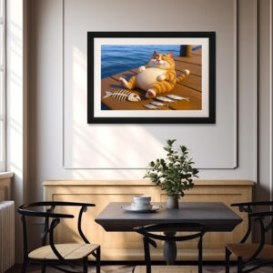 Poster: Endlich satt - dicker Kater mit Fisch