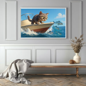 Poster: Katze an Bord eines Bootes beobachtet Fische