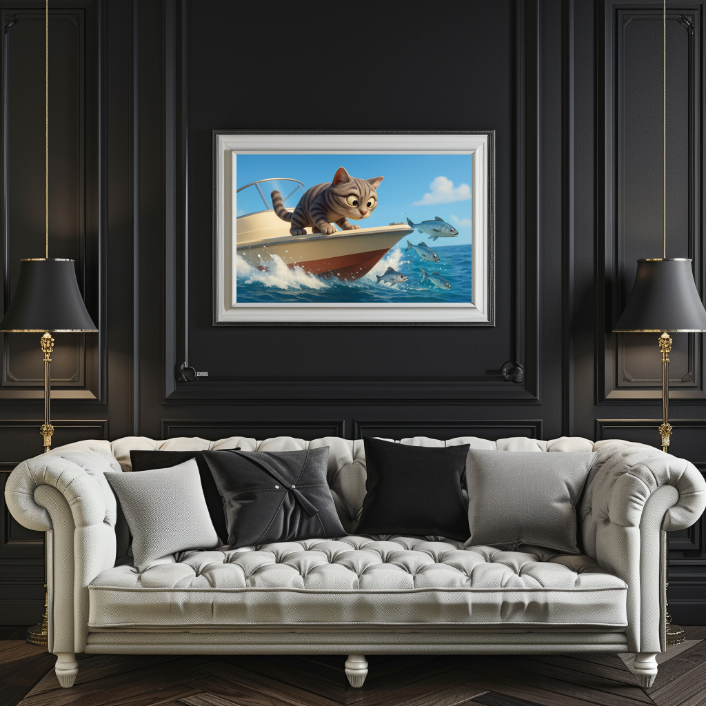 Poster: Katze an Bord eines Bootes beobachtet Fische - immagine 2