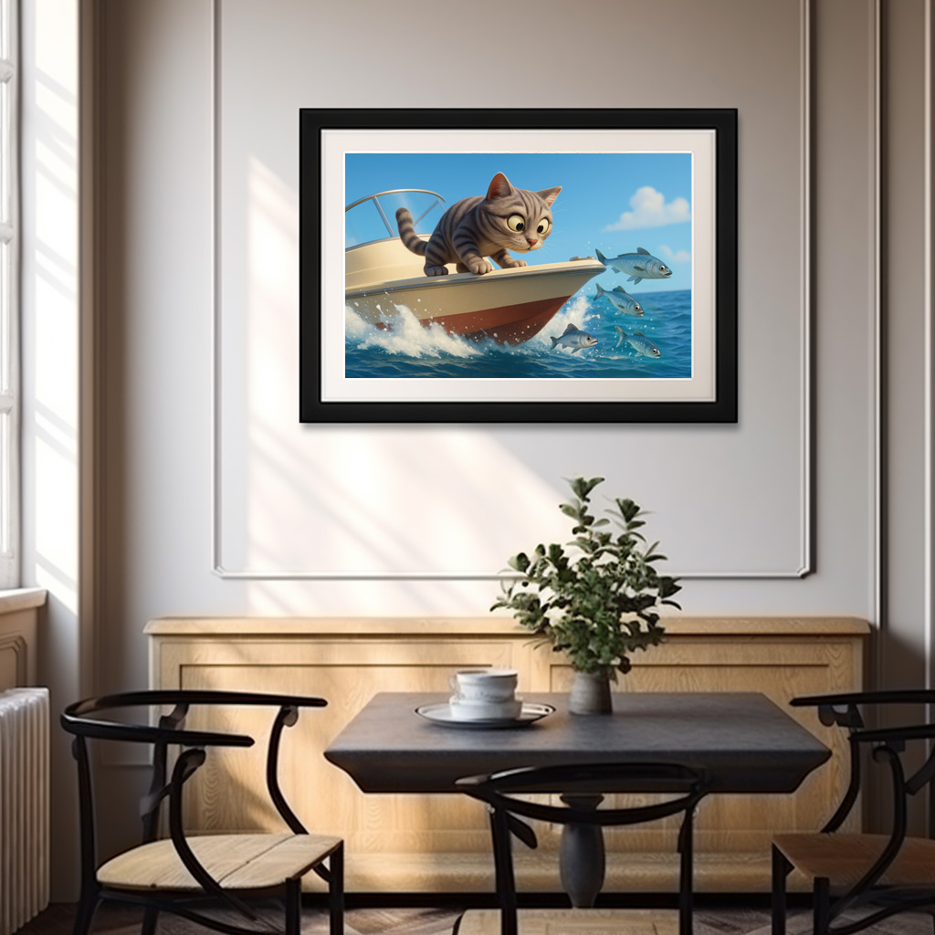 Poster: Katze an Bord eines Bootes beobachtet Fische - immagine 3