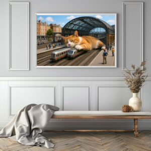Poster: Heute Verspätung. Katze schläft auf der Eisenbahn
