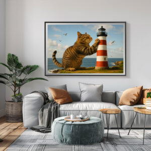 Poster: Mein Lieblingskratzbaum - Katze mit Leuchtturm
