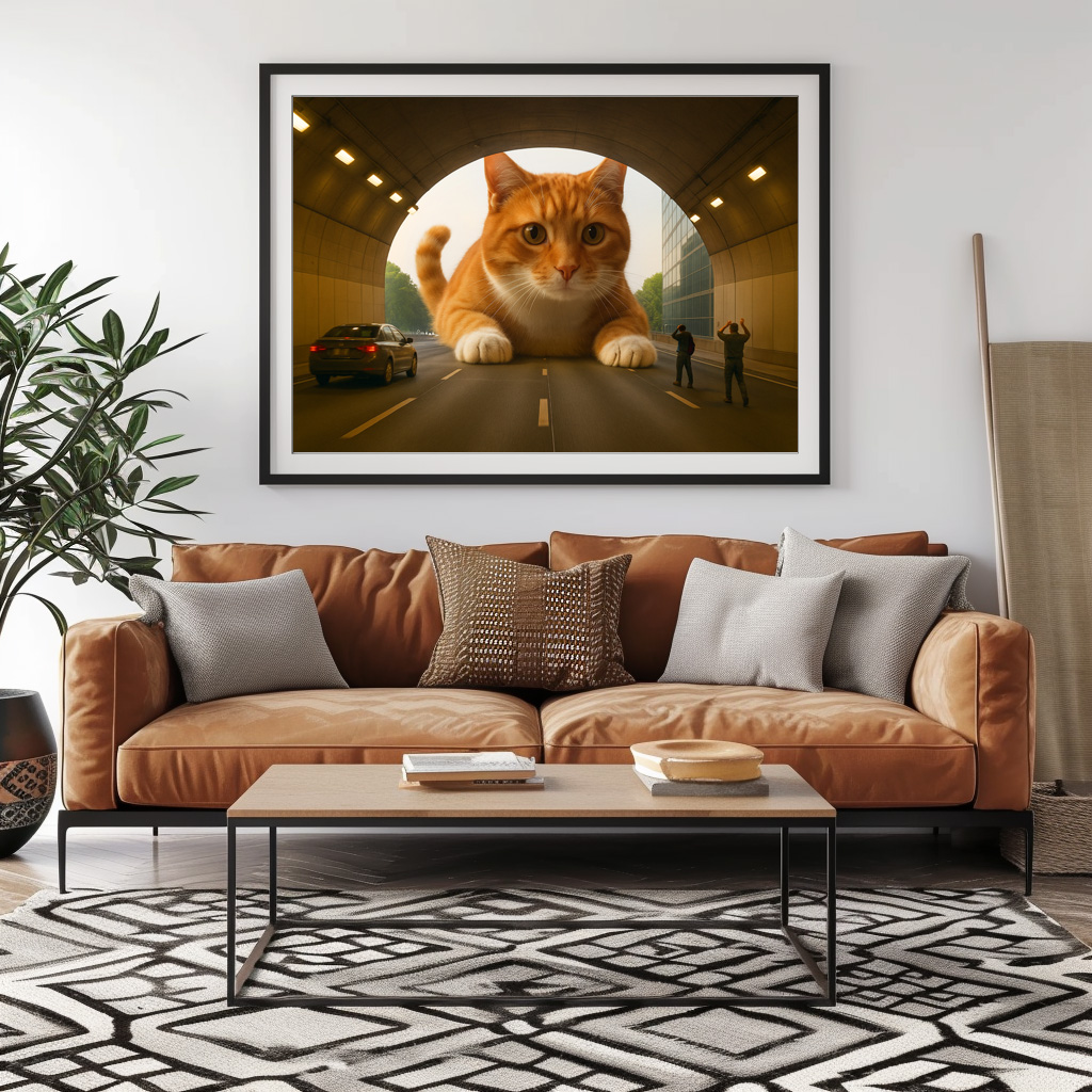 Poster: Mit Stau ist zu rechnen. Katze im Tunnel