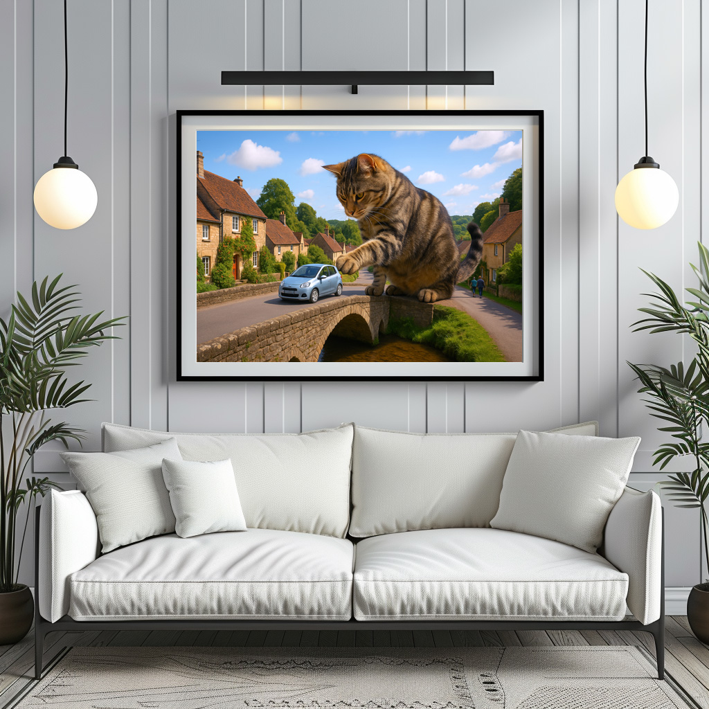 Poster: Katzen, die alles gern herunterwerfen - auf einer Brücke gefährlich