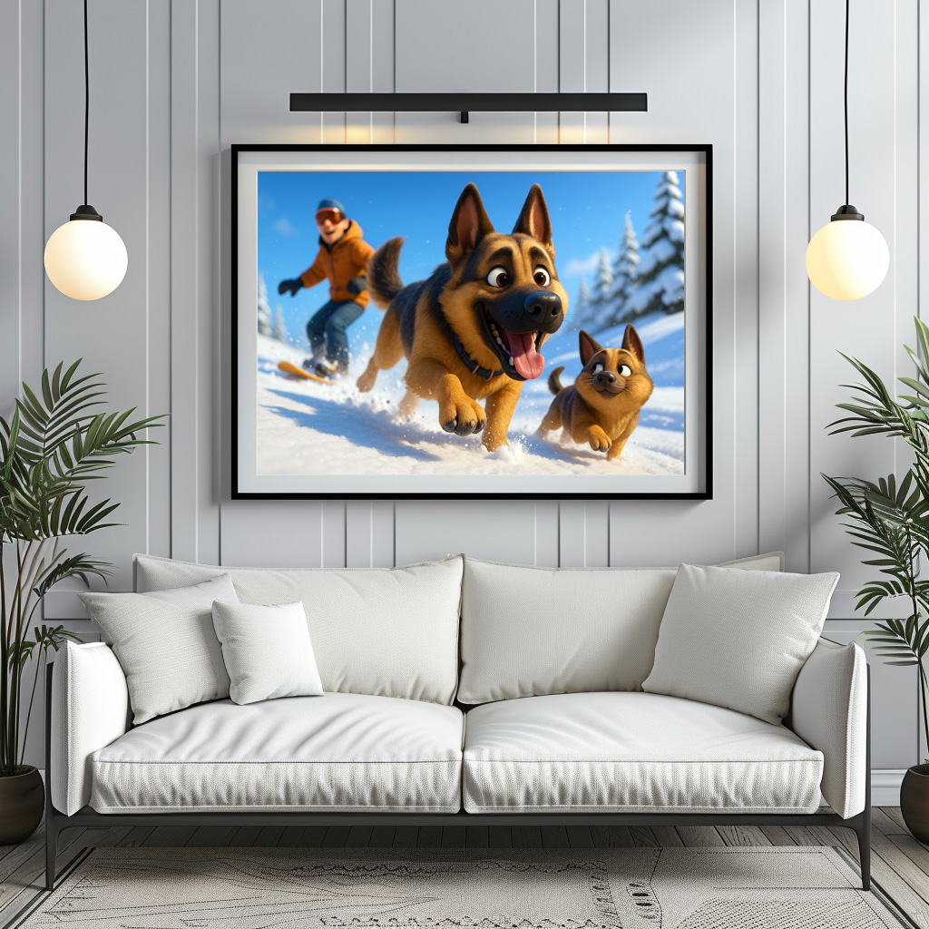Poster: Schäferhund und Welpe im Schnee mit Herrchen – Bild 2