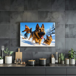 Poster: Schäferhund und Welpe im Schnee mit Herrchen