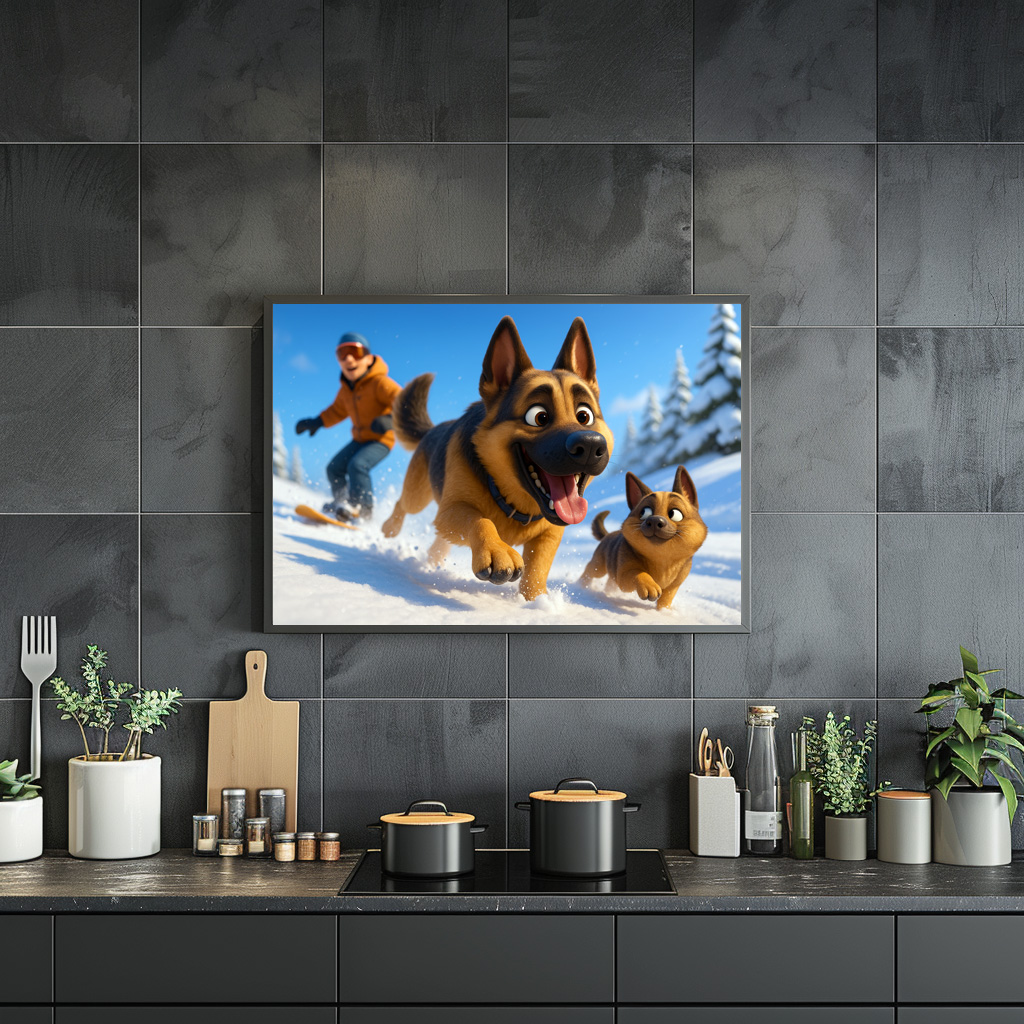 Poster: Schäferhund und Welpe im Schnee mit Herrchen