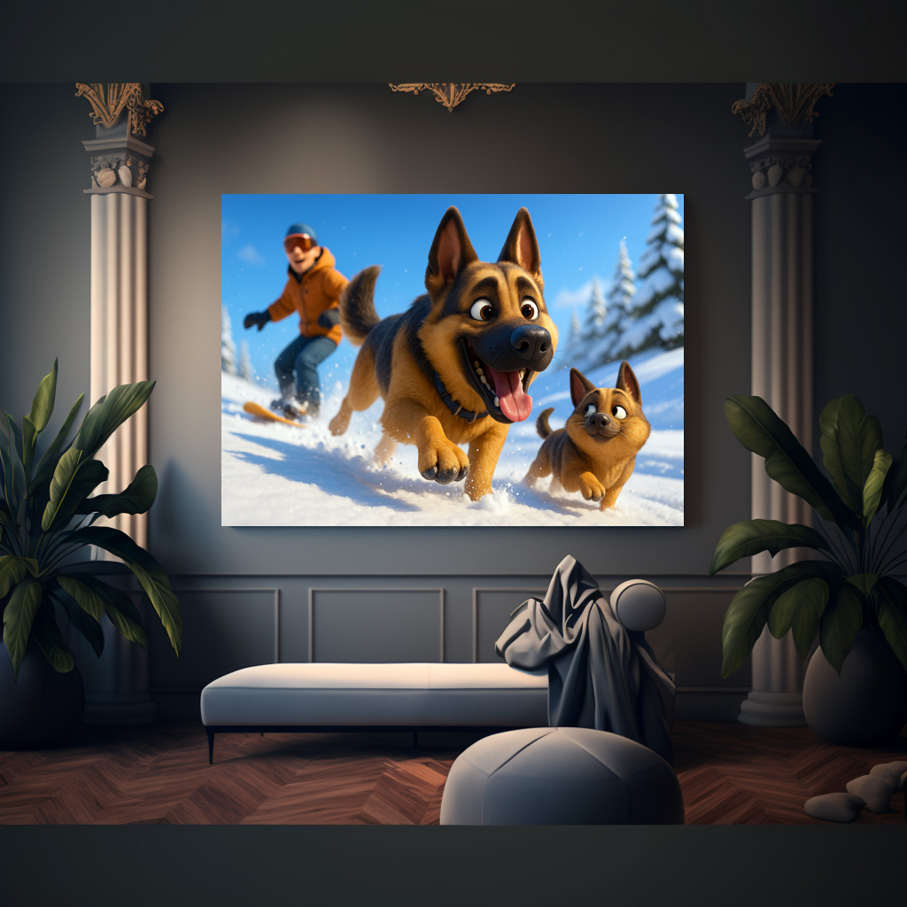 Poster: Schäferhund und Welpe im Schnee mit Herrchen – Bild 3