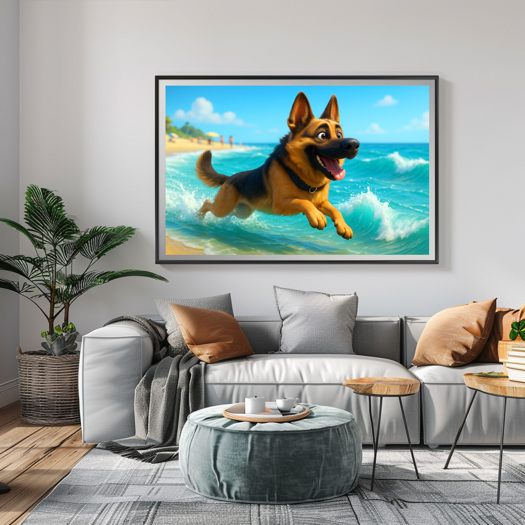 Poster: Schäferhund spielt am Strand - immagine 2