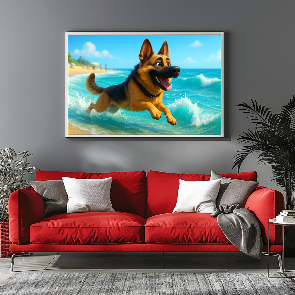 Poster: Schäferhund spielt am Strand