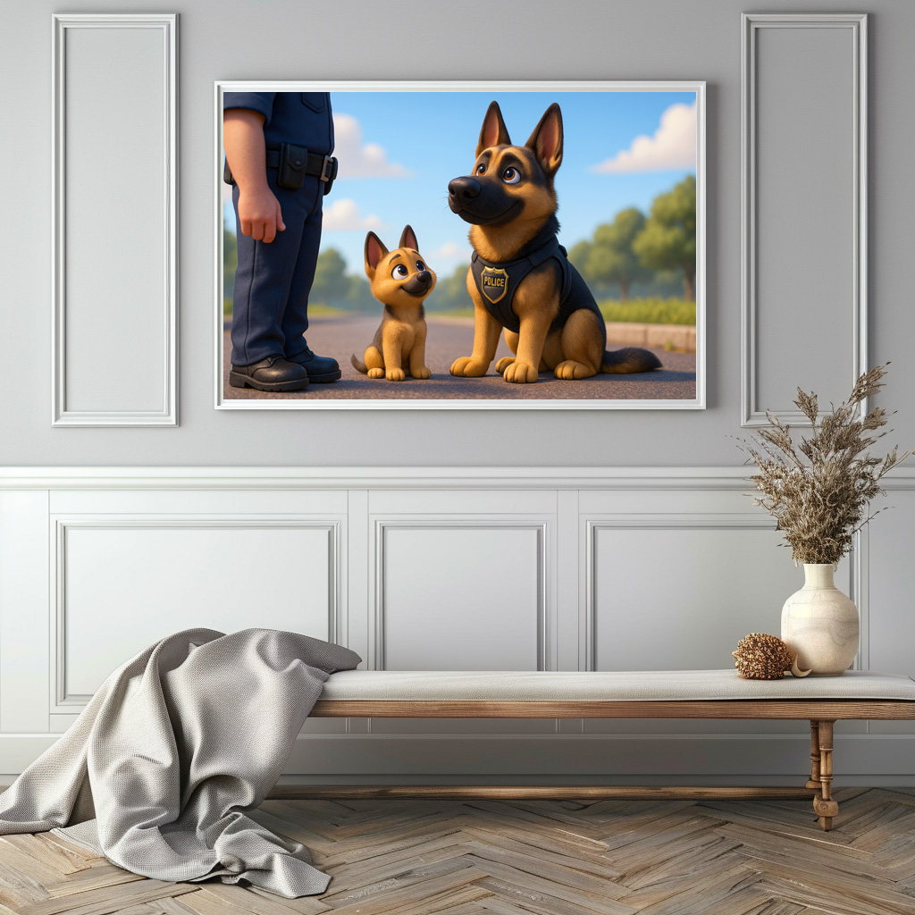 Poster: Schäferhund und Welpe beim Polizeidienst