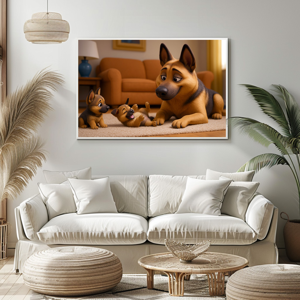 Poster: Schäferhund mit seinen Welpen in der Wohnung