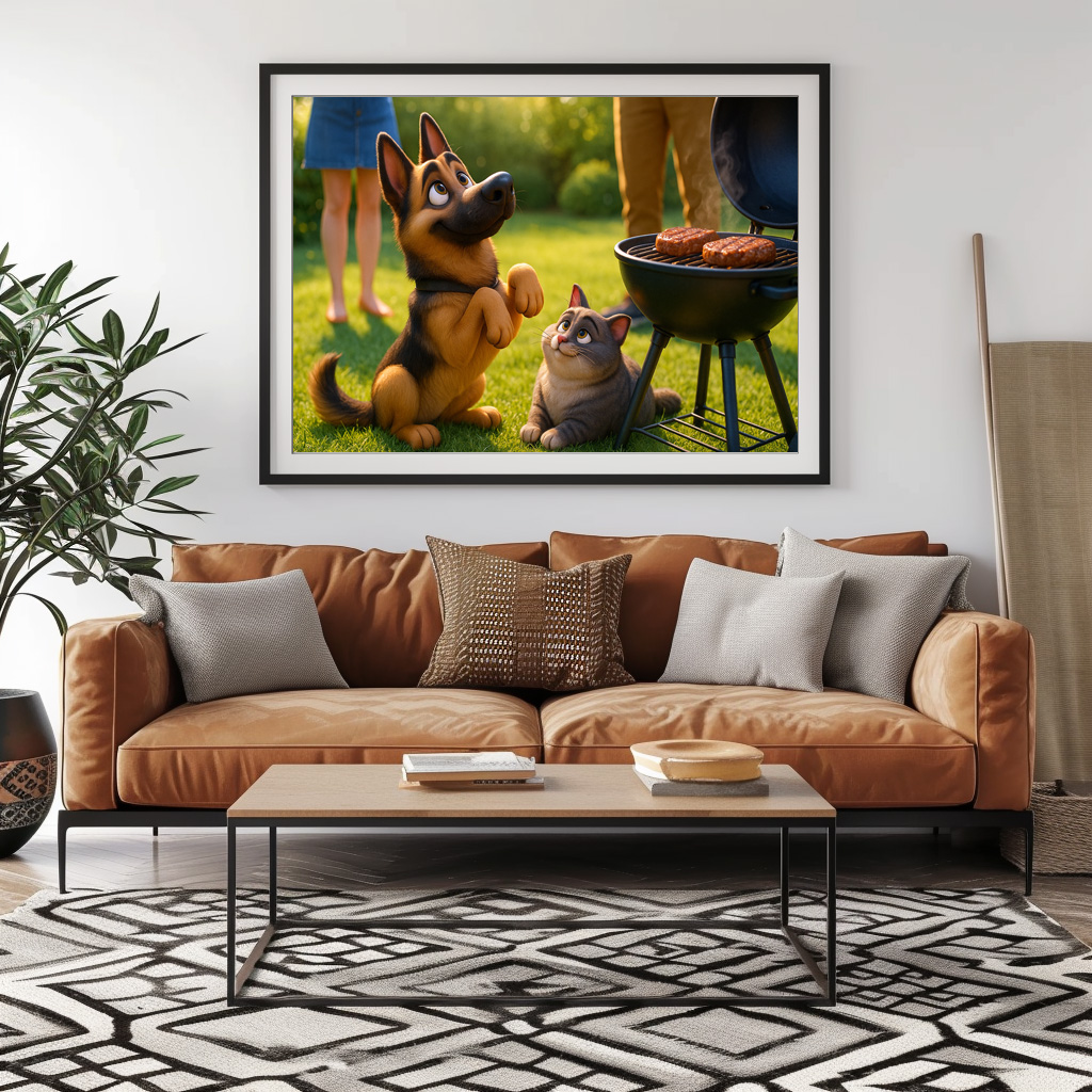 Poster: Zwei Freunde beim grillen - Schäferhund und Kater – Bild 2